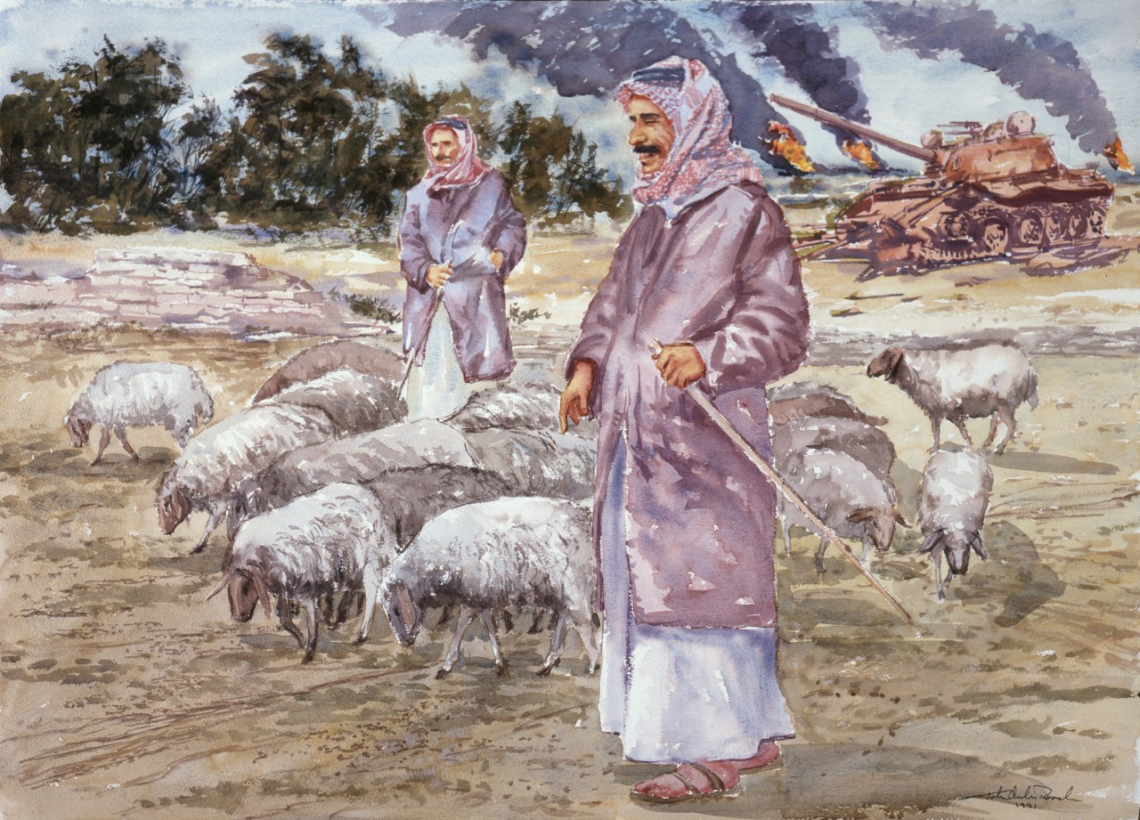 Two men herding sheep, in the background is a wrecked tank and fire from oil wells