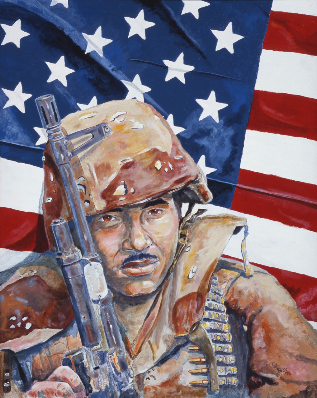 A soldier with the American flag as background