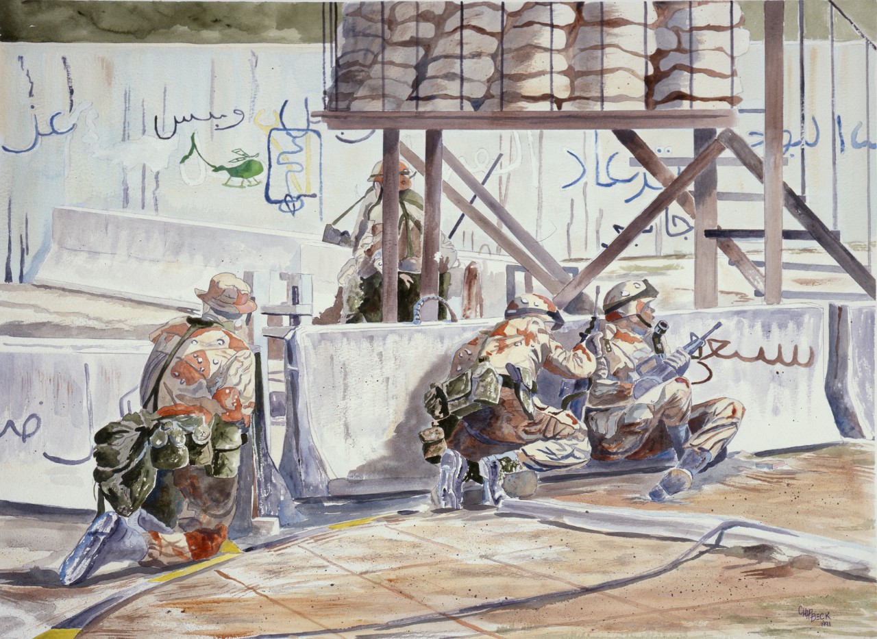 Marines are crouched behind a concrete barrier for cover