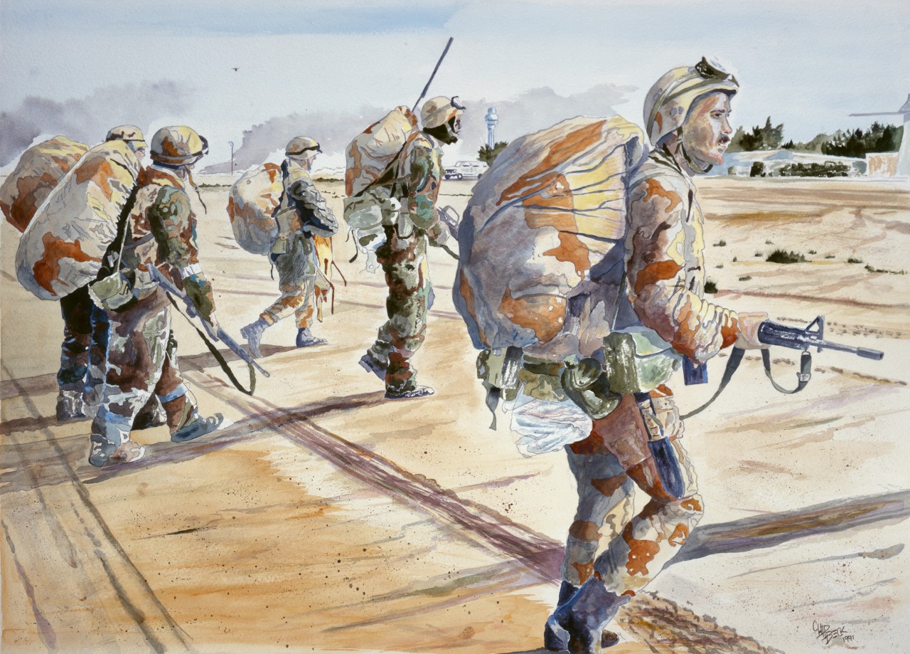 Marines walking in formation across an open space