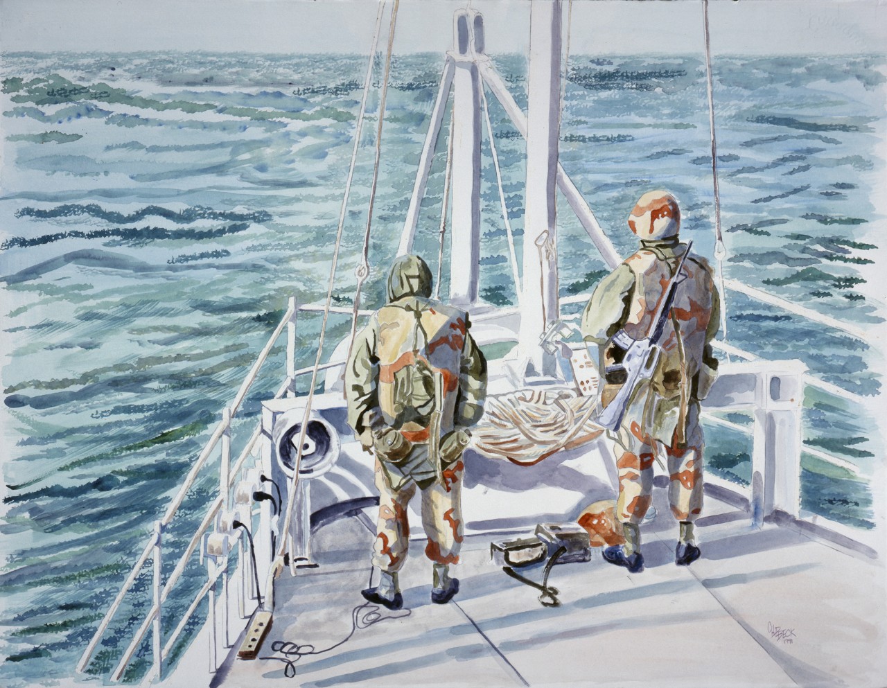 Two men at the bow of a ship looking at the ocean