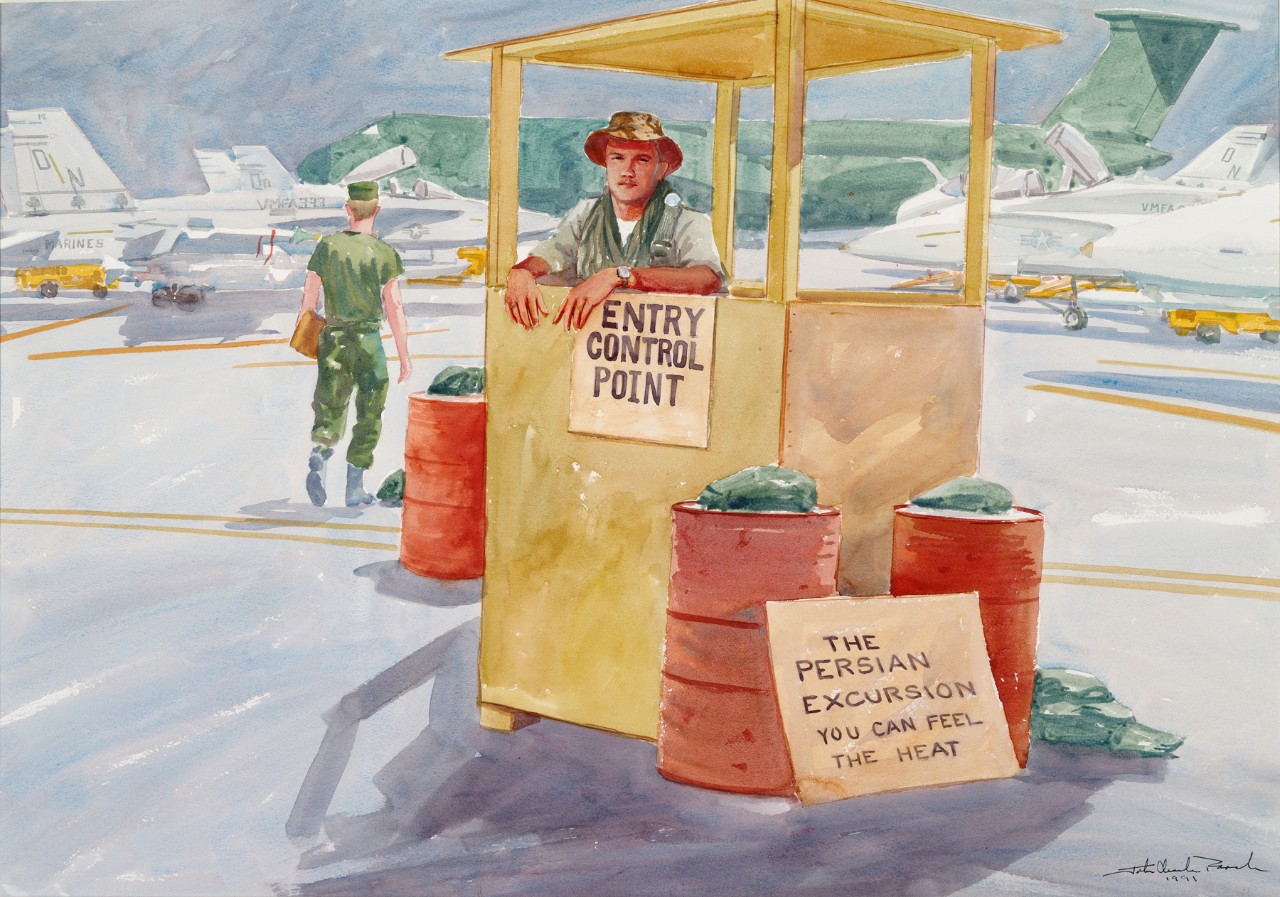 A marine stand in a guard hut on a landing strip with cargo and fighter planes in the background.  