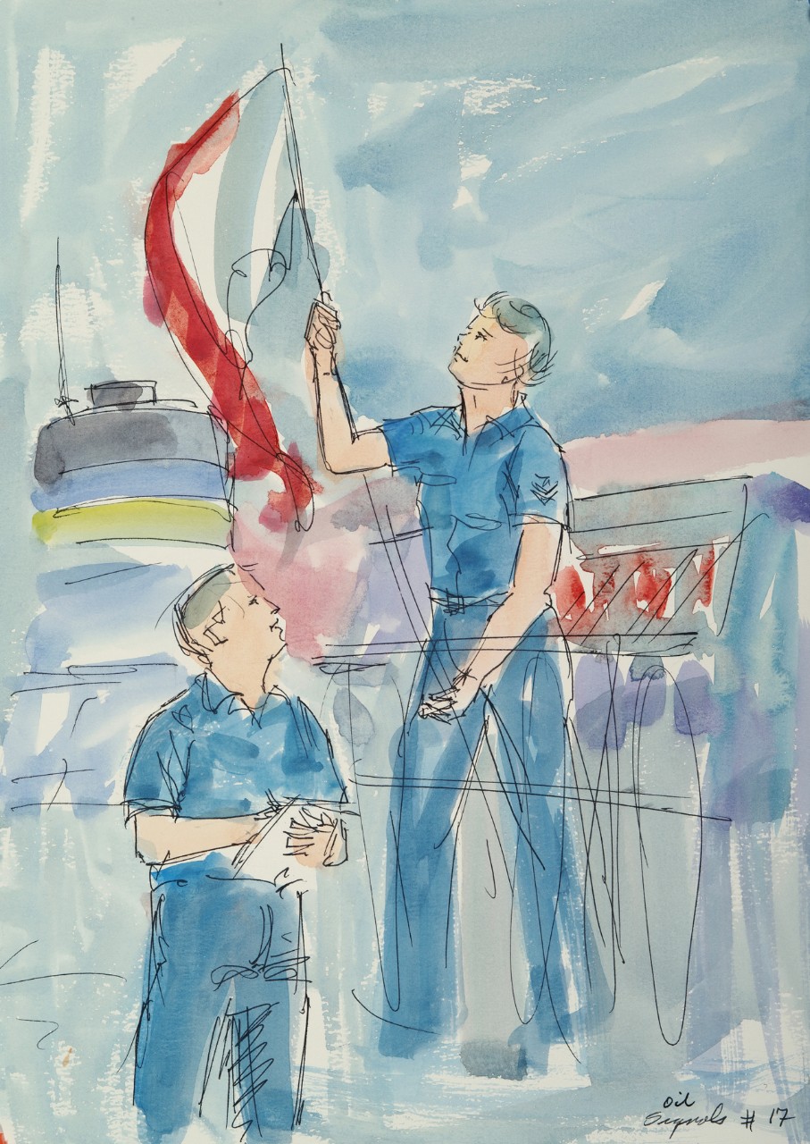 A female sailor raises a signal flag while another sailor holds a clip board