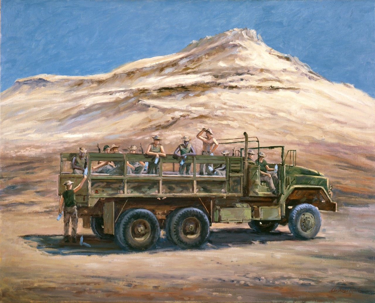 A group of marines in the back of a truck drinking water  