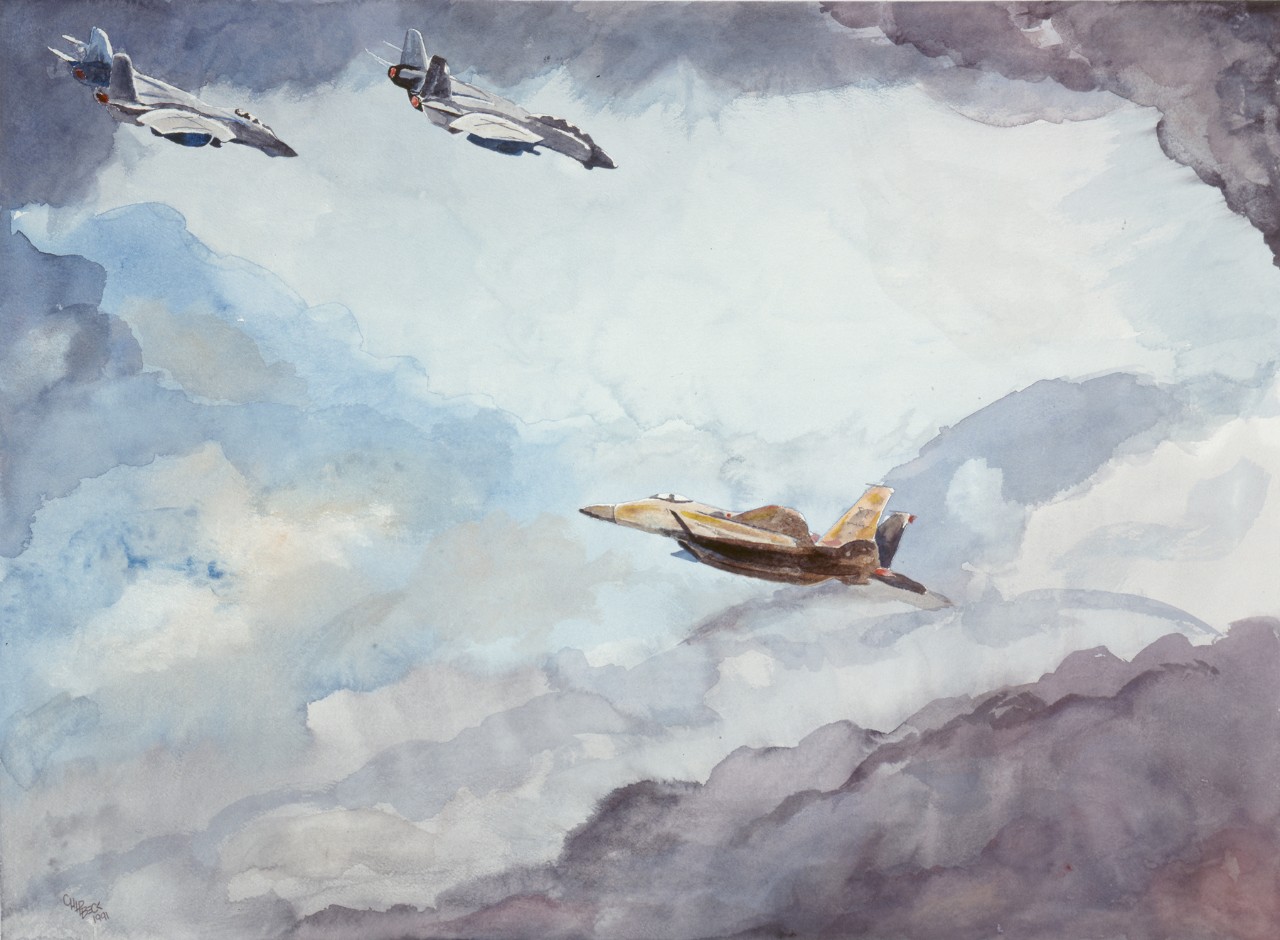 A airplane in the center is flying with two airplanes in formation in the upper left.  