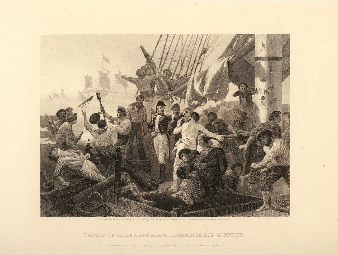 Macdonough stands calmly on the deck of a ship while the men around him fight furiously