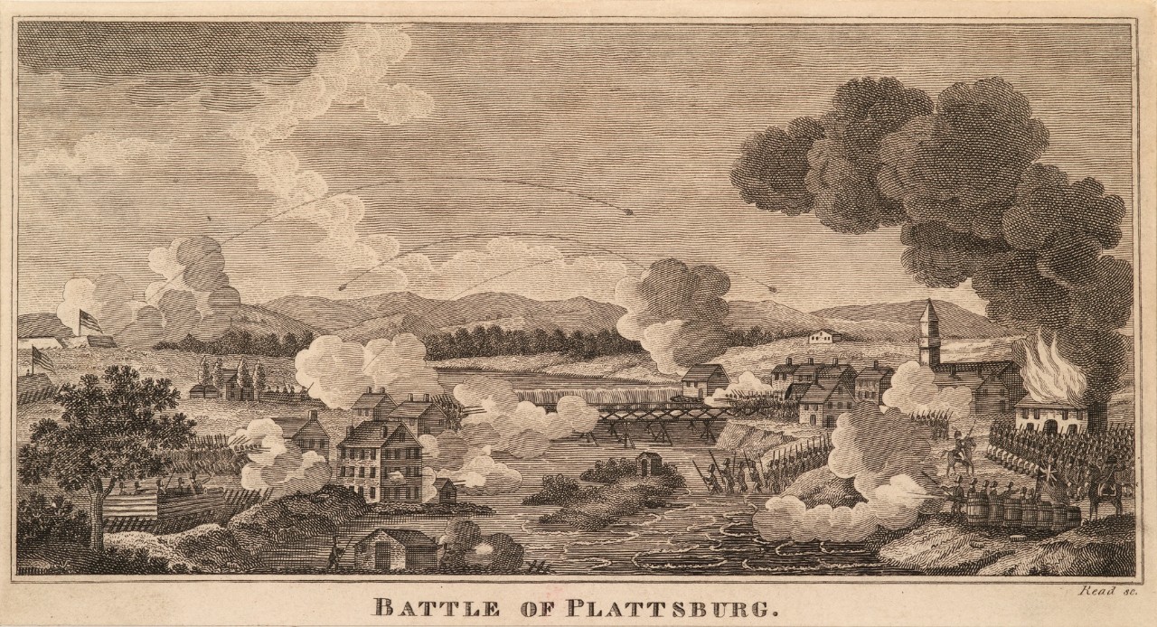 A battle rages in a town, in the lower right troops cross the river to attack troops on the shore 