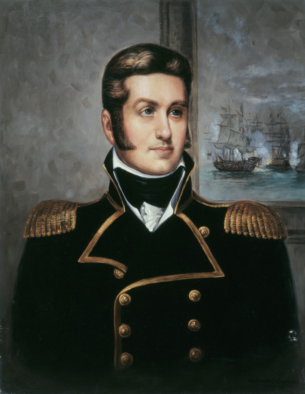 Portrait of Commodore Thomas Macdonough in a room with a window that looks onto a harbor with ships