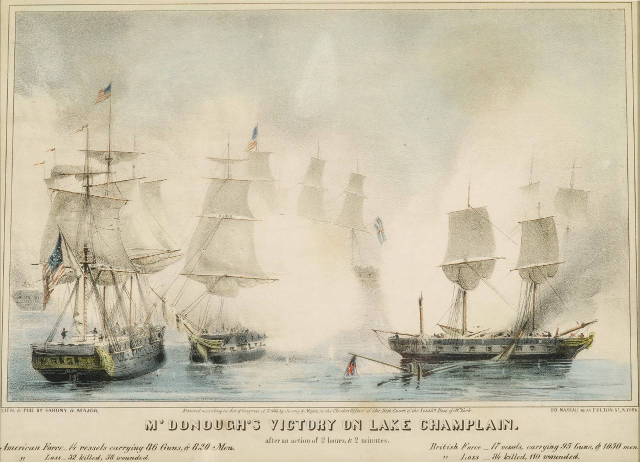 A ship battle on calm water, the ship on the right has lost some masts and is on fire, two ships on the left are positioning for battle, smoke hides the fleet in the background