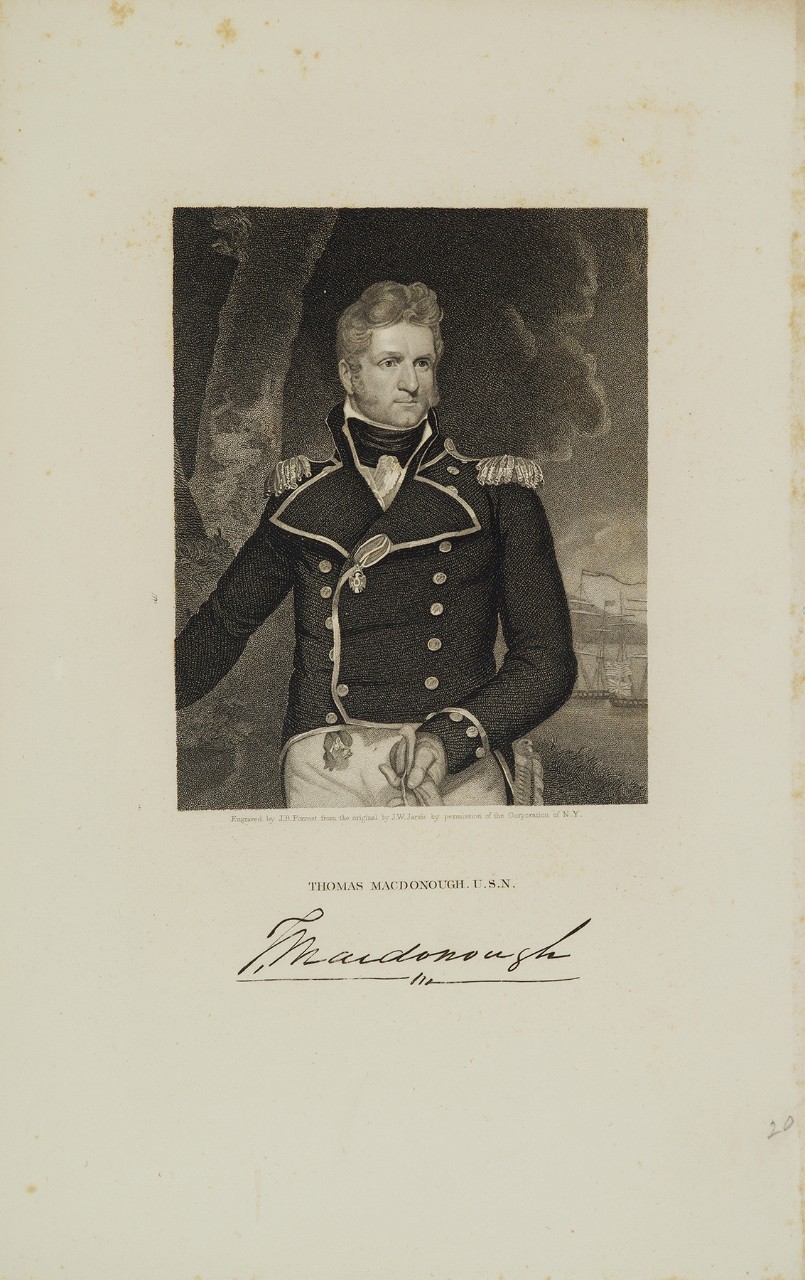 A portrait of Thomas Macdonough standing. The background has a harbor with ships and a storm moving in