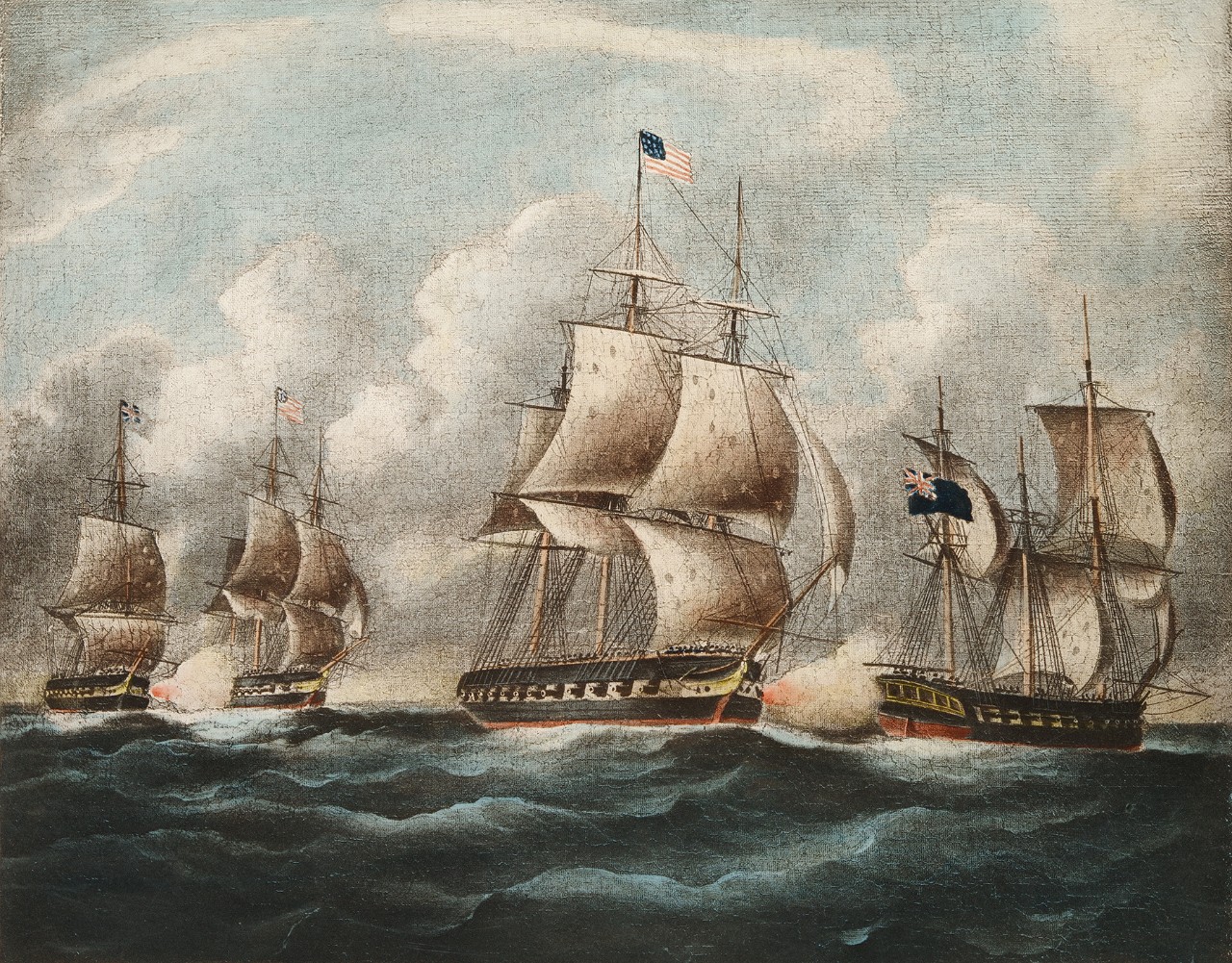 There are two ships in the foreground engage in battle with two others in the background firing at each other