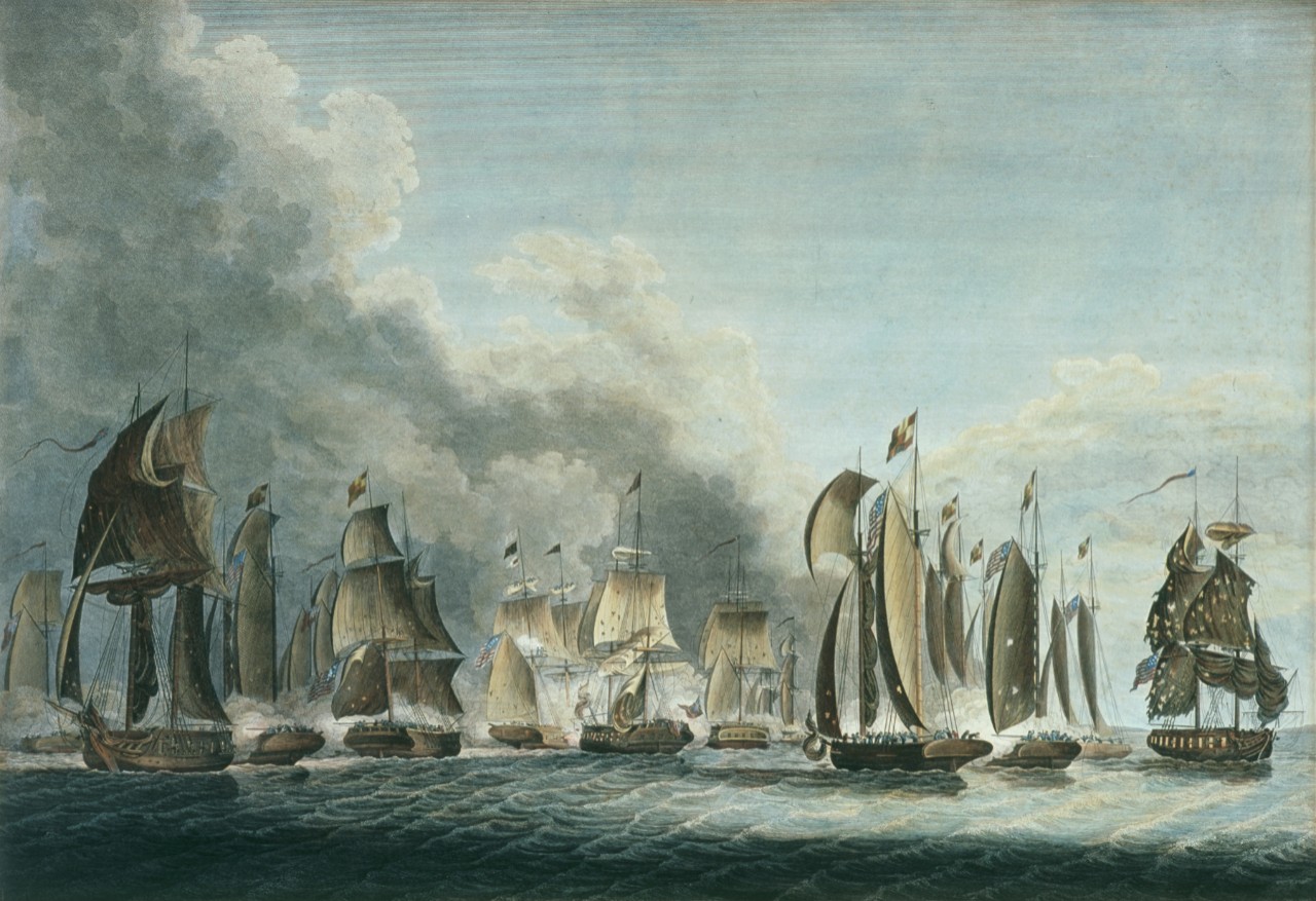 A large battle involving numerous ships 