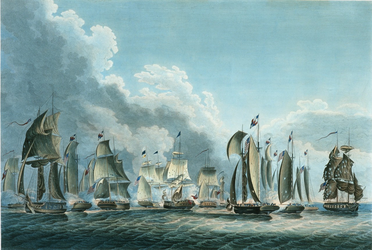 A large battle involving numerous ships