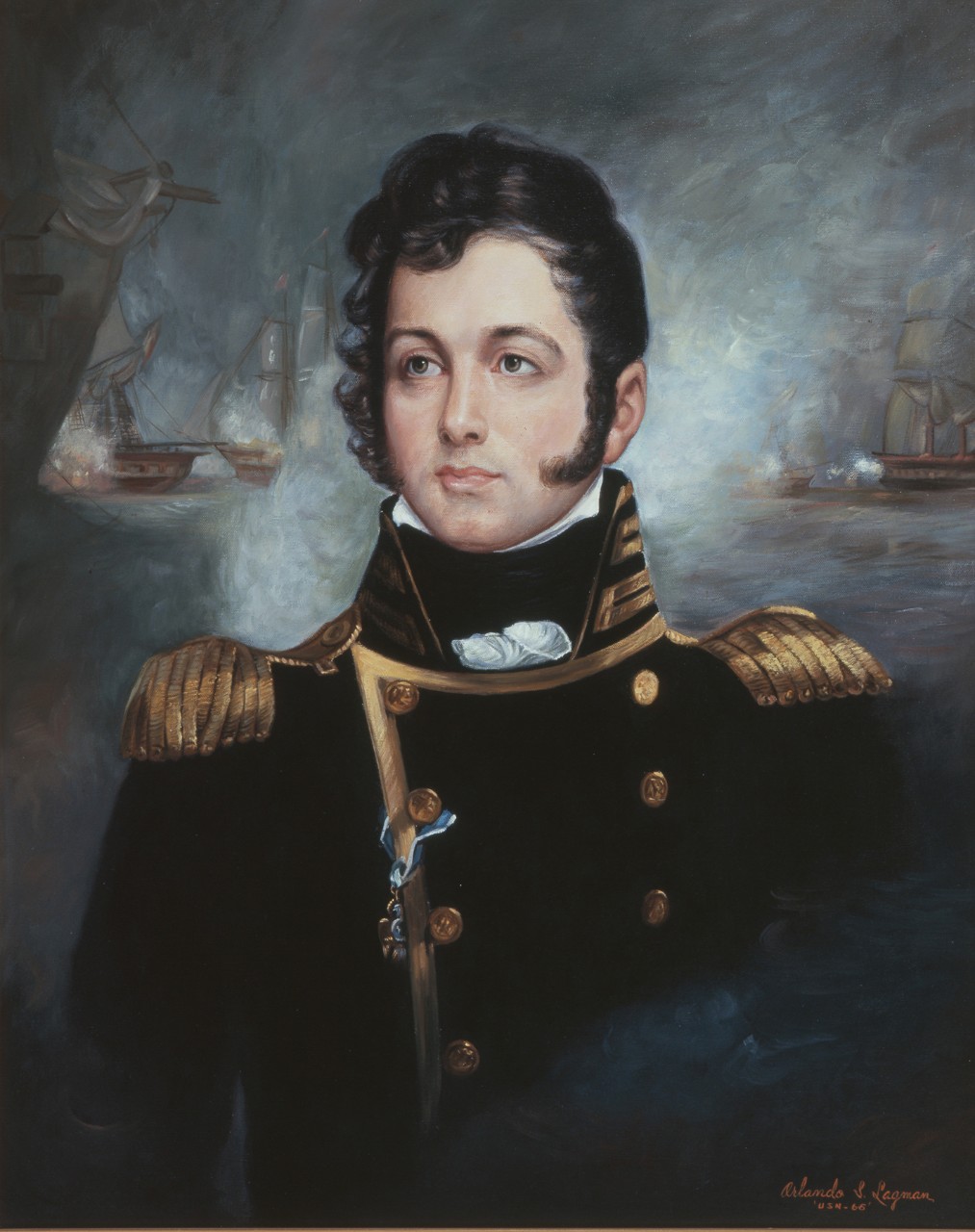 Portrait of Oliver Hazard Perry with a ship battle in the background