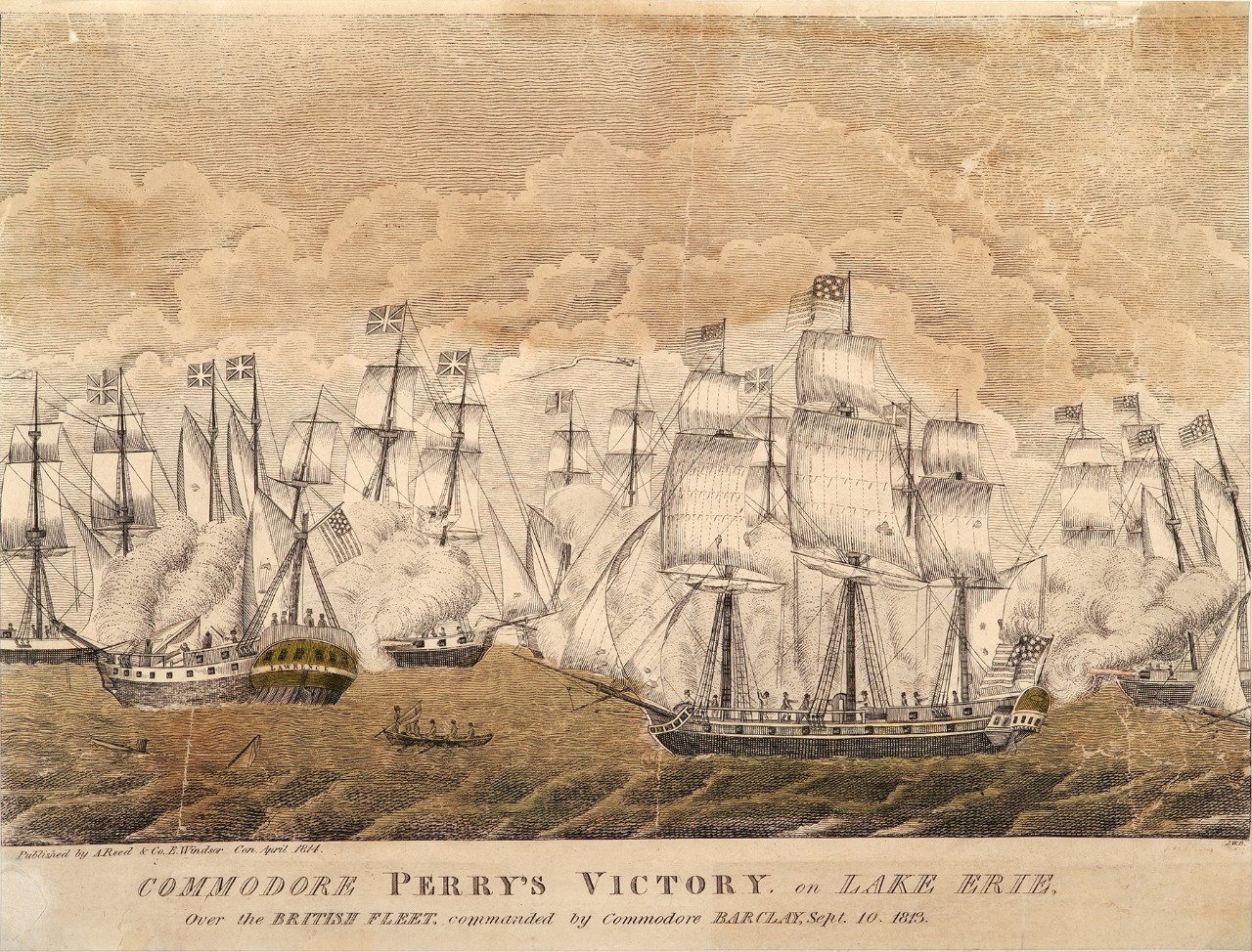A ship battle between a two groups of ships partly obscured by smoke, in the foreground is group of men in a boat moving between the ships