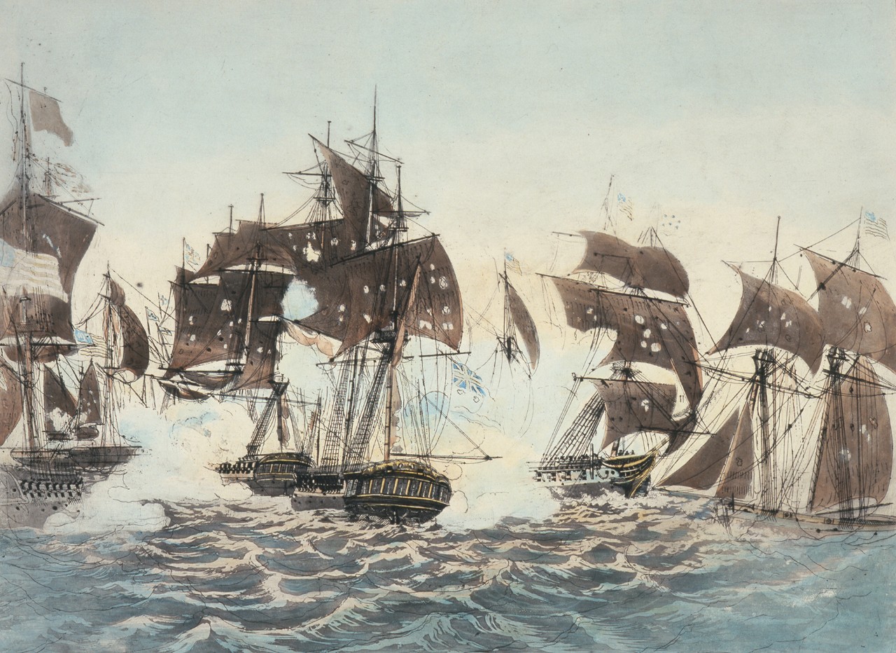 An intense ship battle, several ships have damaged sails from shot, the battle is obscured by a large cloud of smoke