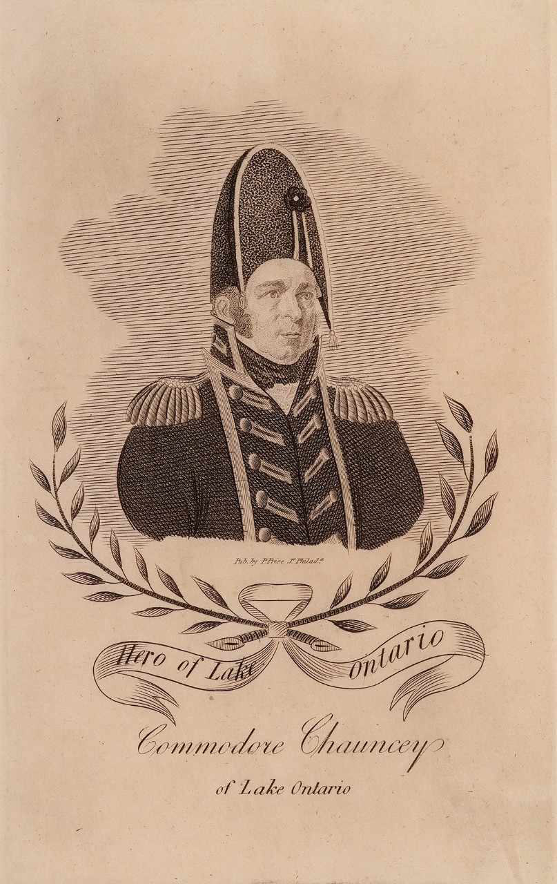 Portrait of Isaac Chauncey in an officers uniform, the portrait is bracted by laurel leaves