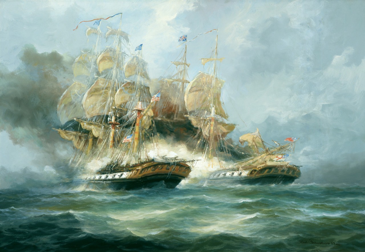 A sailing ship battle, the US ship on the left is firing into the British ship on the right that has lost a mast