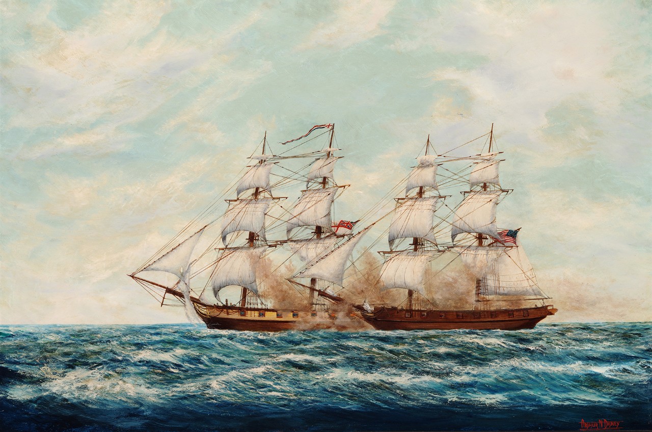 Two ships are in a battle, the American ship in front with the British ship in back