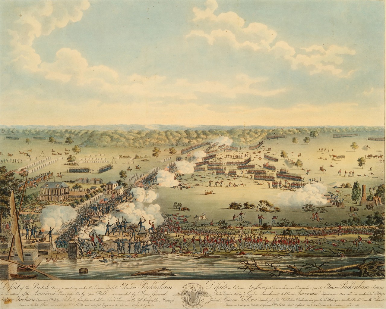 Aerial view of the battle of New Orleans the US fortifications are on the right the British on the left