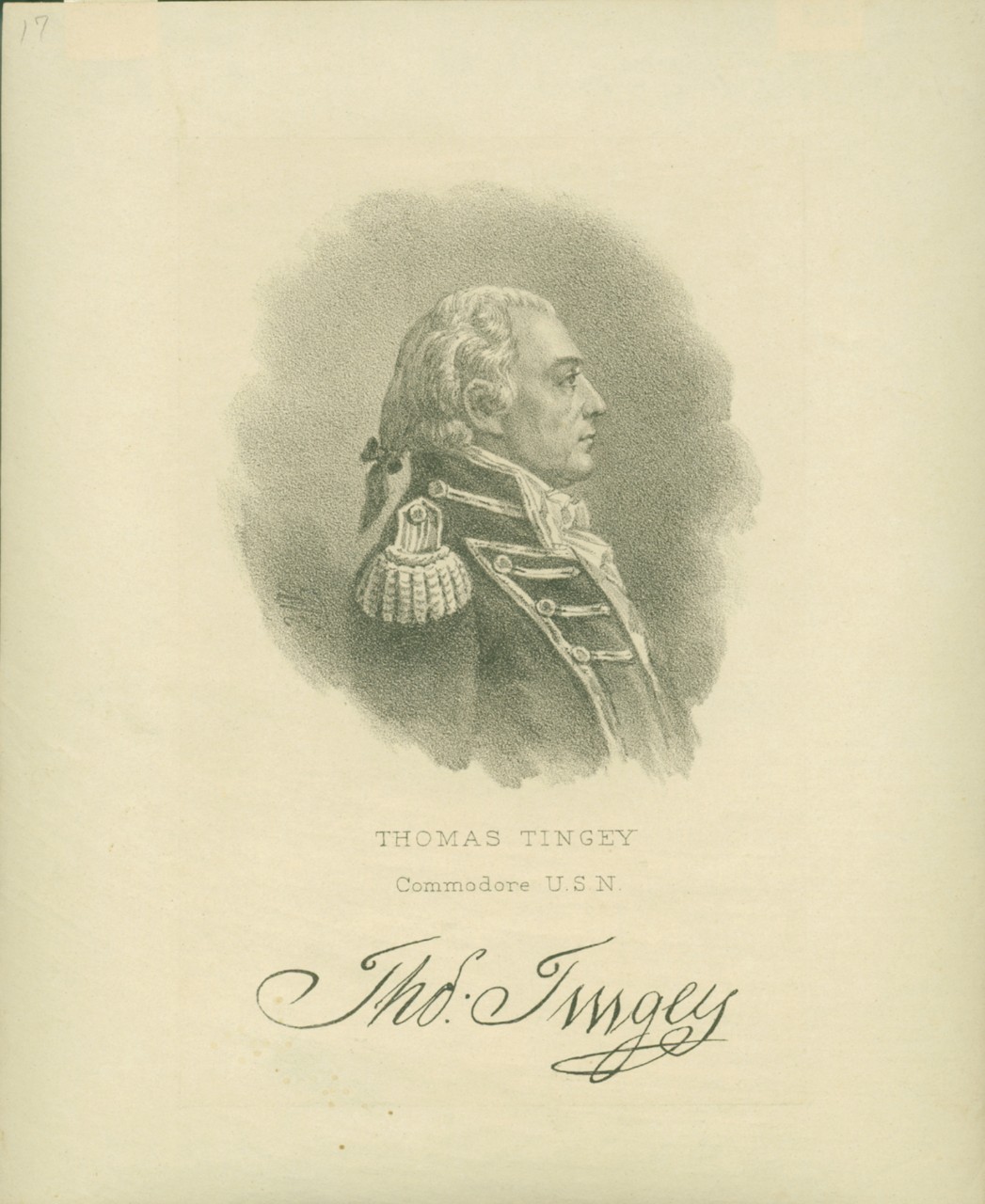 An oval profile portrait of Thomas Tingey, his signature is below