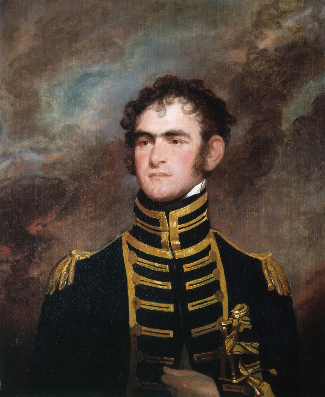 Portrait of John Rodgers he is holding a sword in his left hand there is smoke in the background