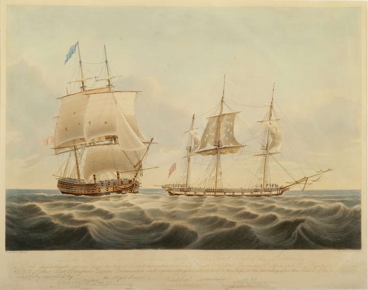 The larger American ship on the left is closing in on the damaged smaller British ship on the right