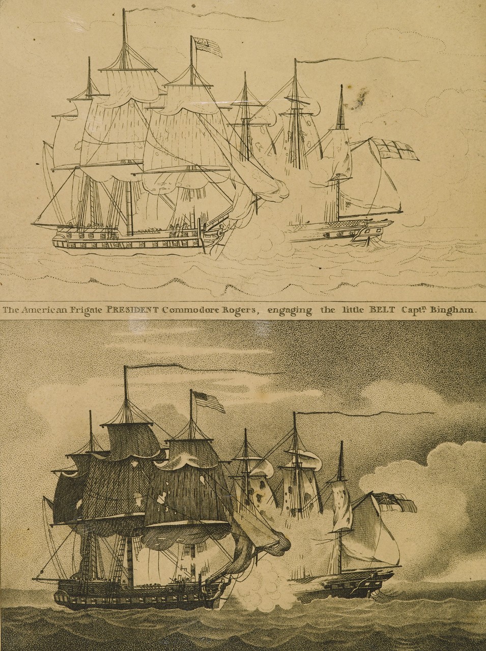 There are two prints of the same sailing ship battle, the top is incomplete, the bottom is finished.