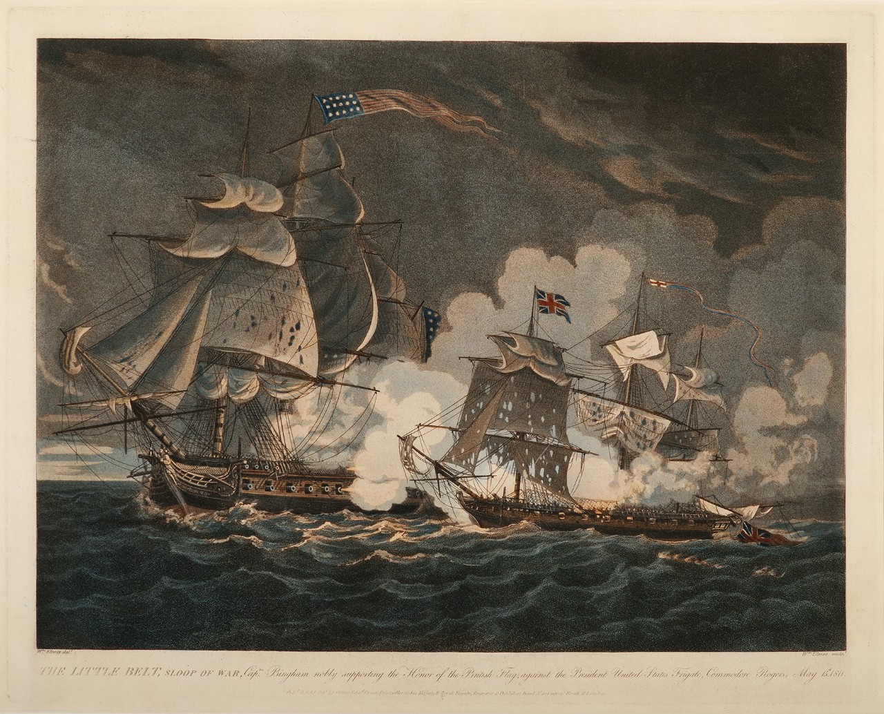 With a dark background, two ships firing at one other. The larger American ship is on the left the British ship is on the right