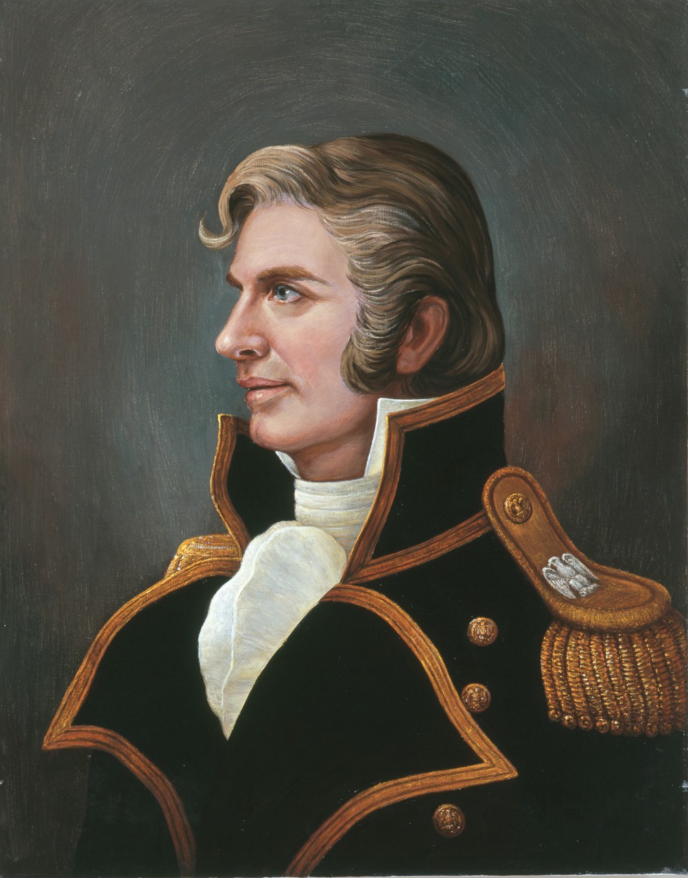 Profile portrait of Captain Charles Stewart, with a dark background