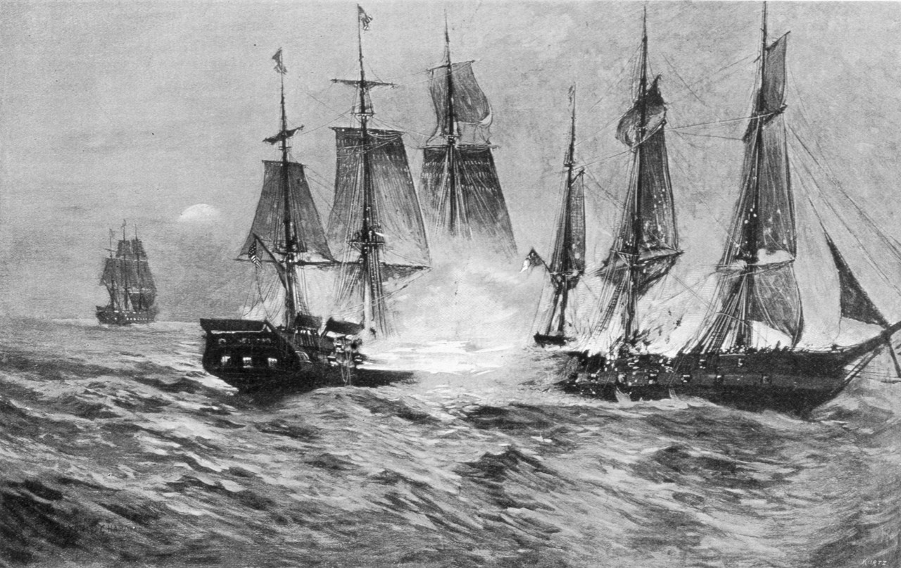 A ship battle at night, there are two ships close to each other firing cannons and a ship in the background