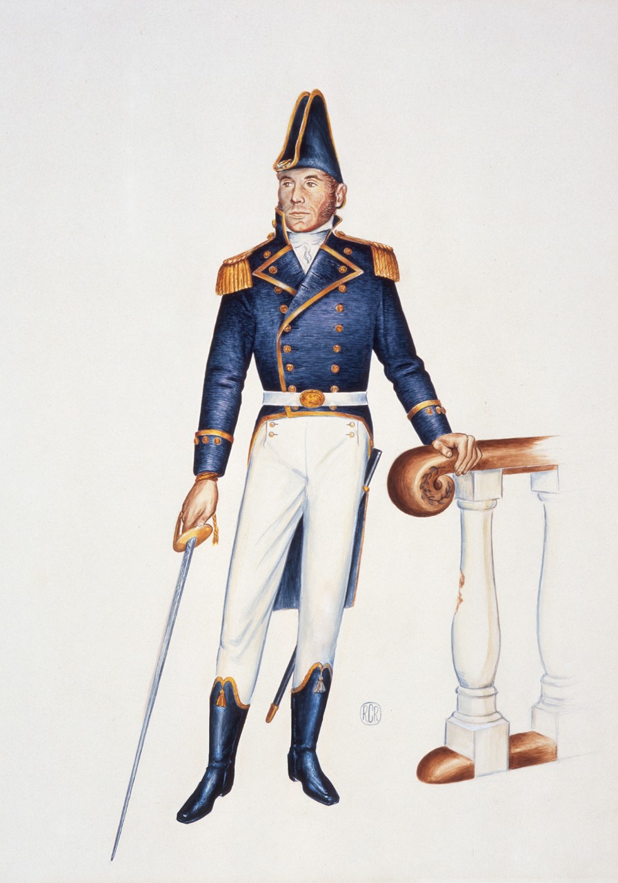 A man dressed in a captain's uniform he is holding a sword pointed downward and his other hand is resting on a ships railing