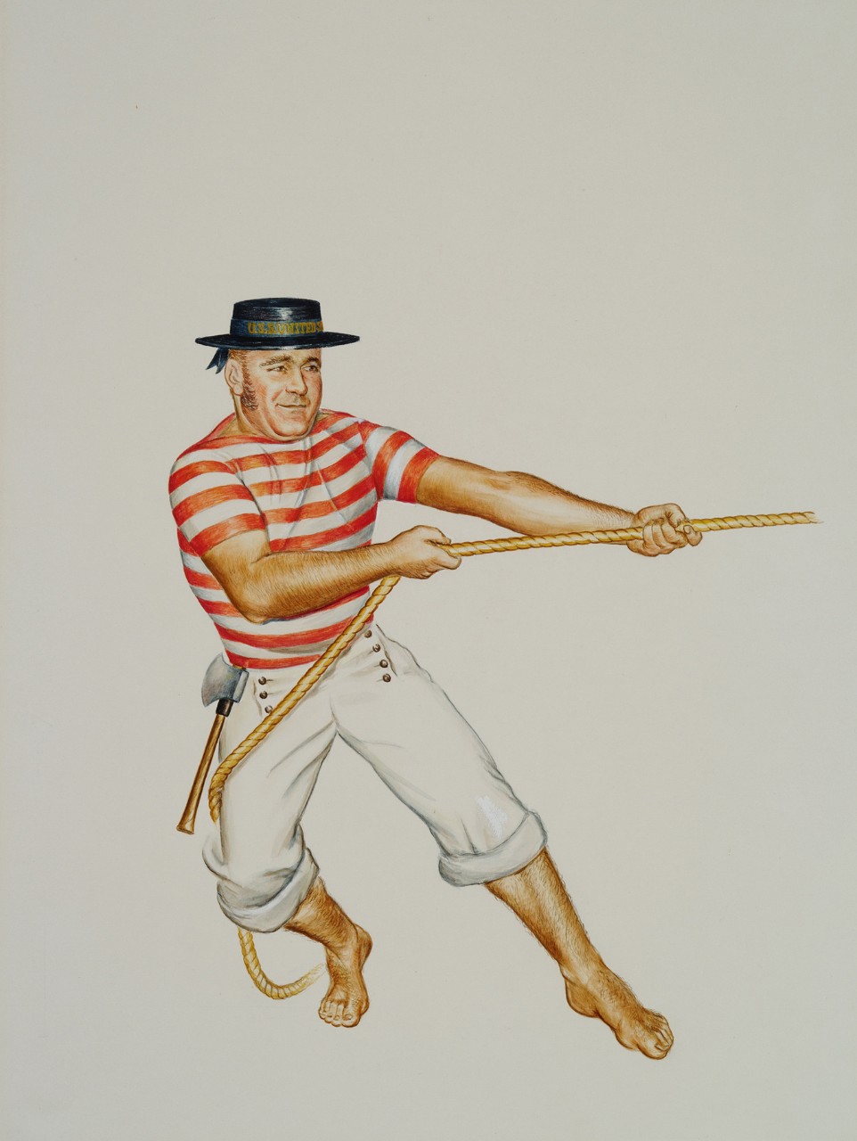A sailor wearing a black hat, a red striped shirt and white pants rolled up to his knees. He is barefoot and he his pulling on a rope