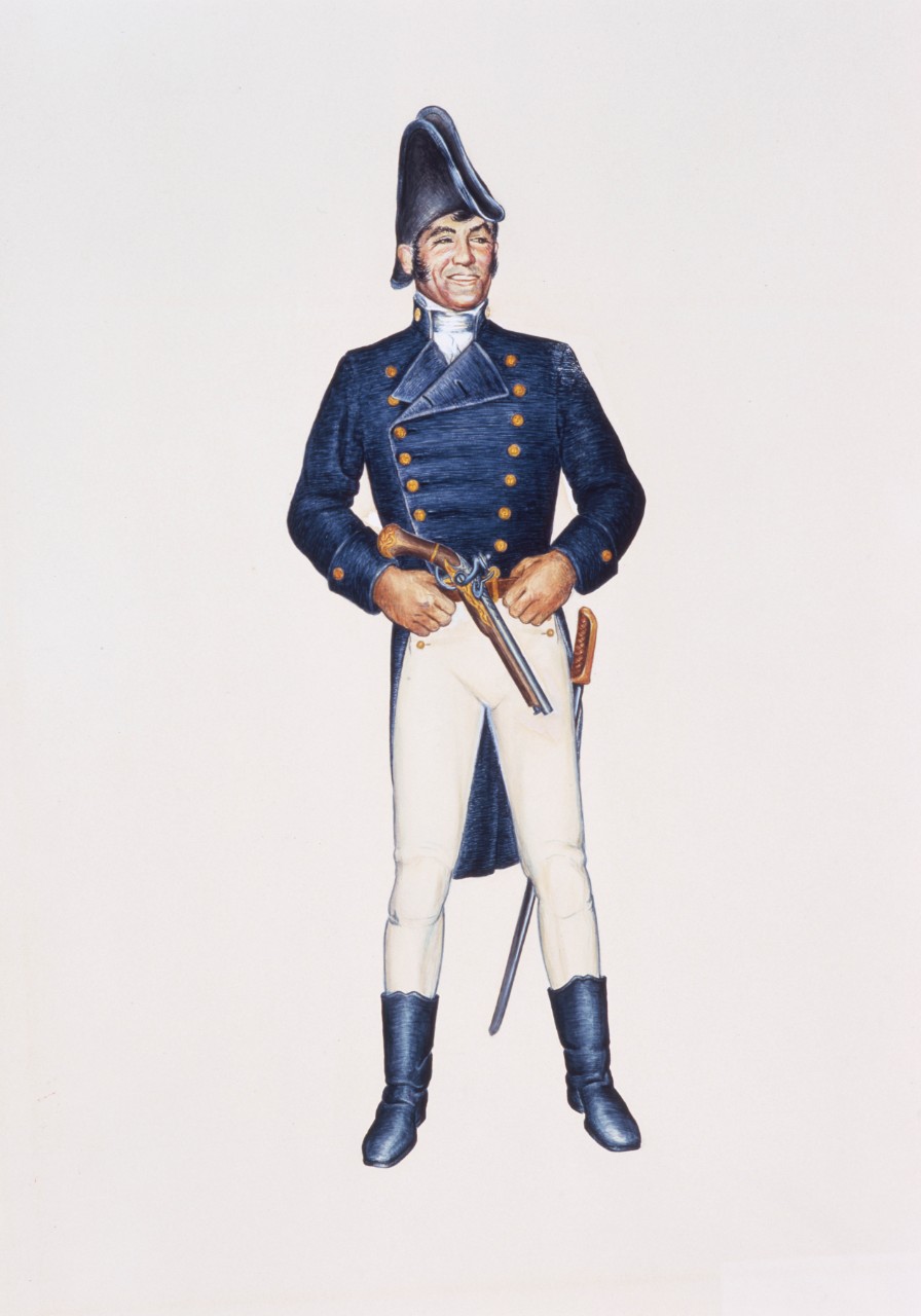 A Navy officer wearing a blue jacket, white pants, blue boots and hat