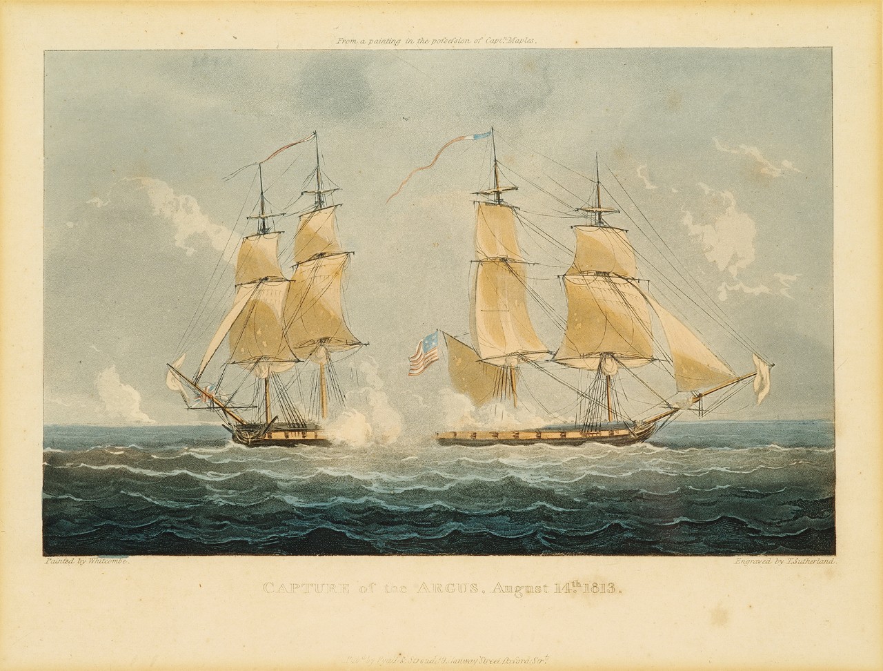 A British ship is firing into the stern of an American ship