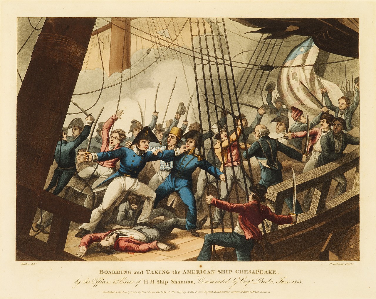 A furious battle of the deck of a ship. In center two officers battle with swords, there is smoke obscuring the deck as men fight.