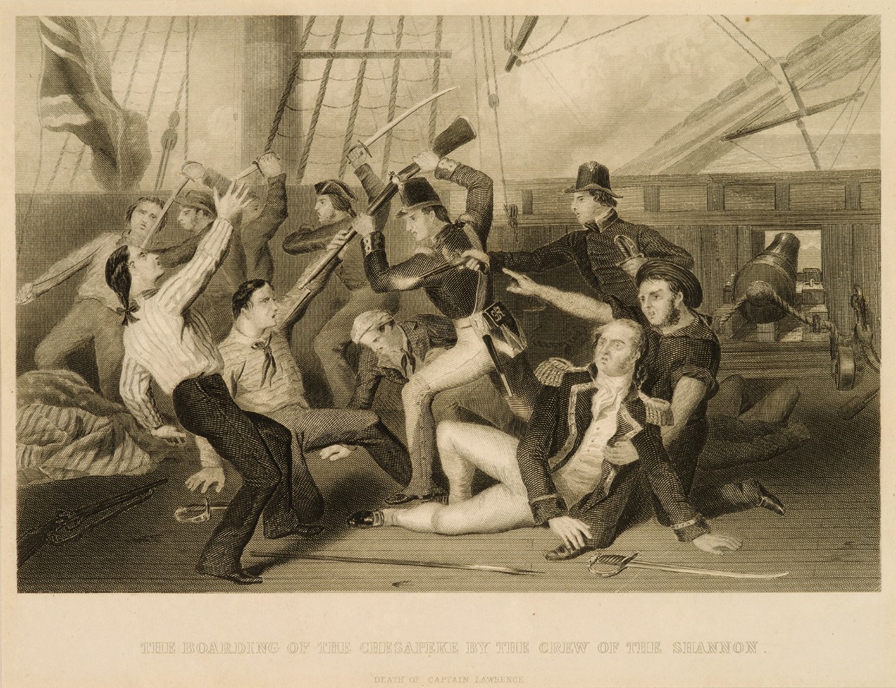 An officer laying on the deck being held by a sailor, behind them American sailors fighting British sailors