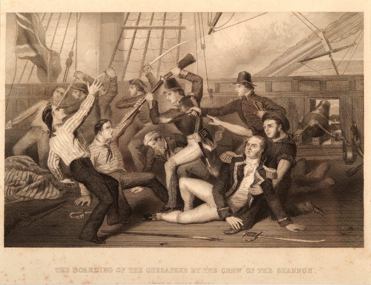 An officer laying on the deck being held by a sailor behind them American sailors fighting British sailors