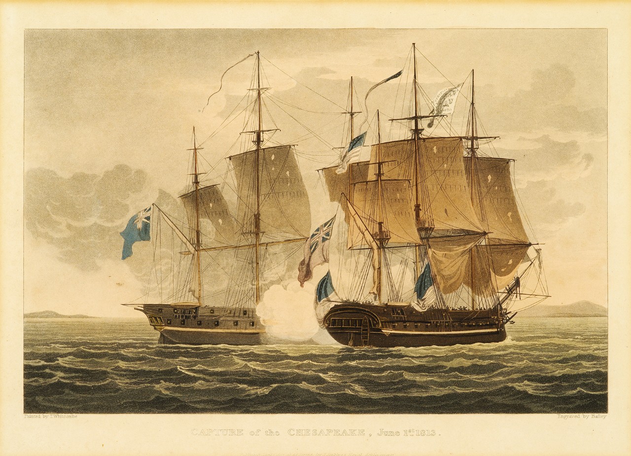 Two sailing ships firing broadsides at each other at close range