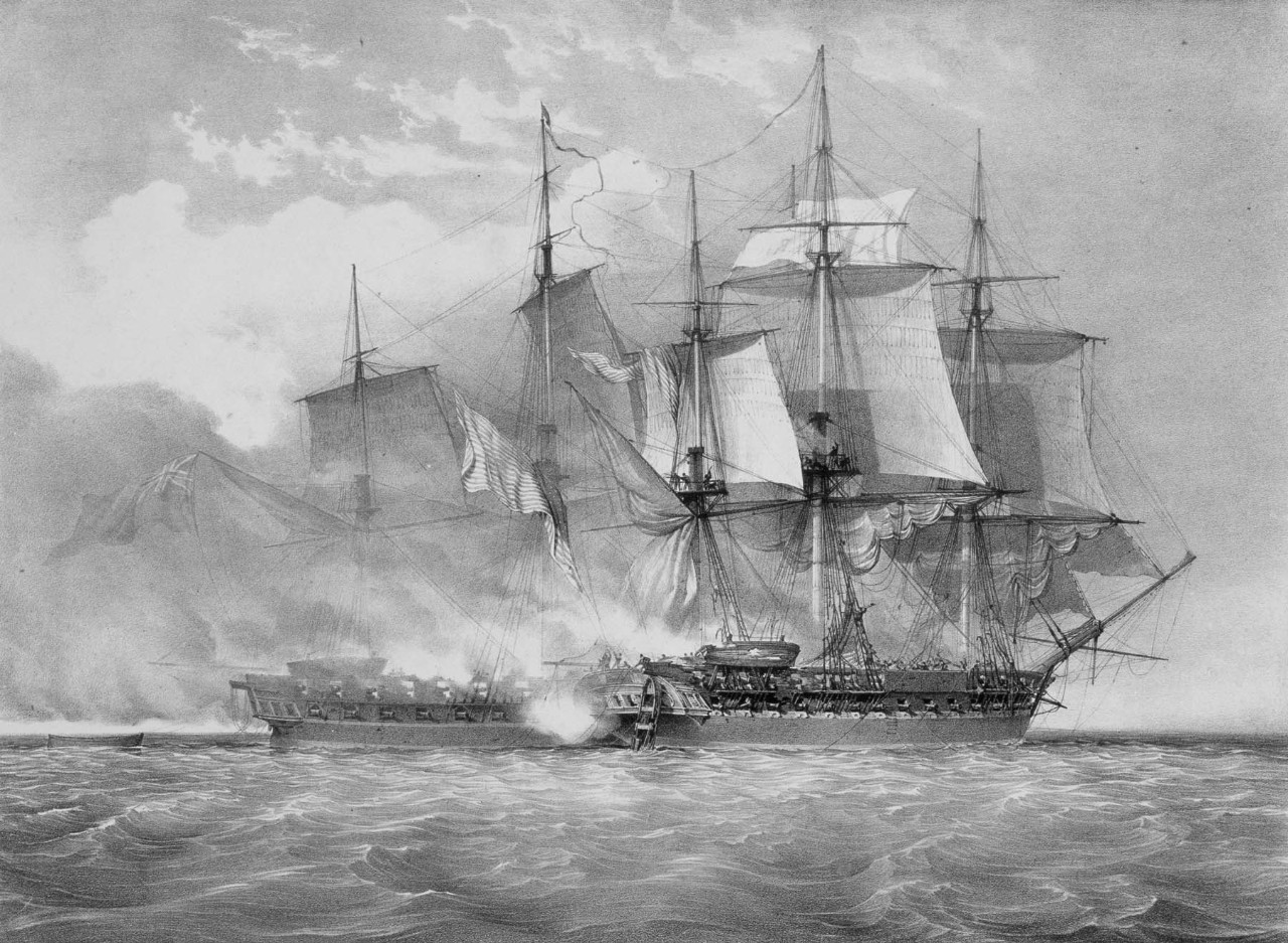 Two sailing ships in battle, the one on the left has lost its mast and is burning