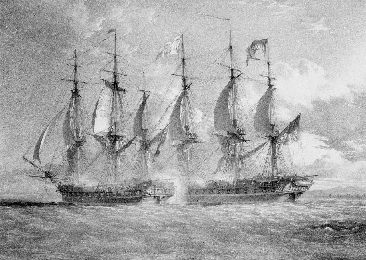 Two sailing ships firing cannons at each other at close range