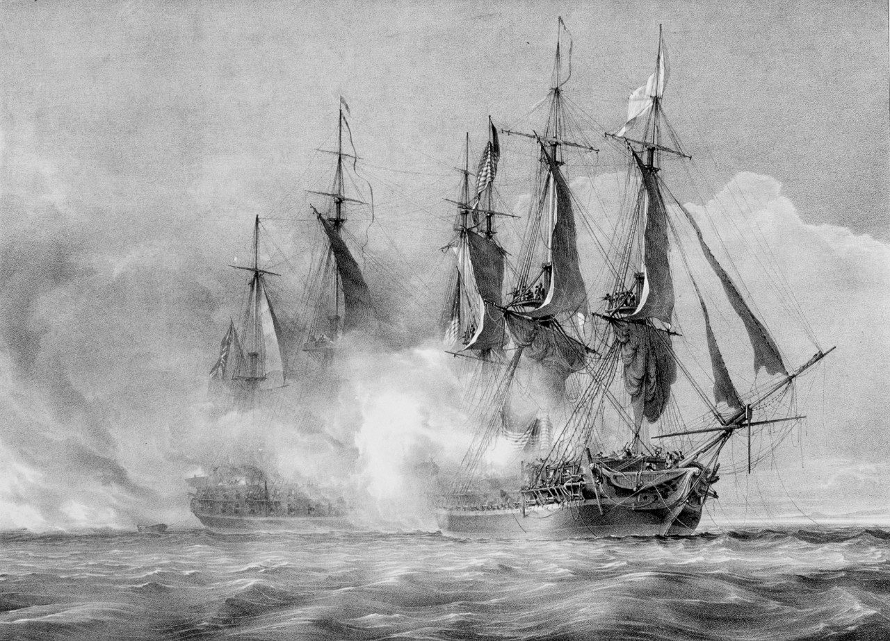 Two sailing ships maneuvering through a cloud of smoke