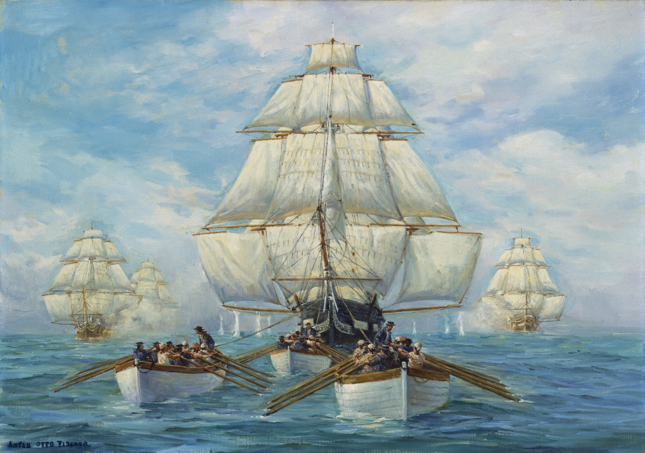 Three rowboats are pulling the frigate Constitution while three other ships in the background
