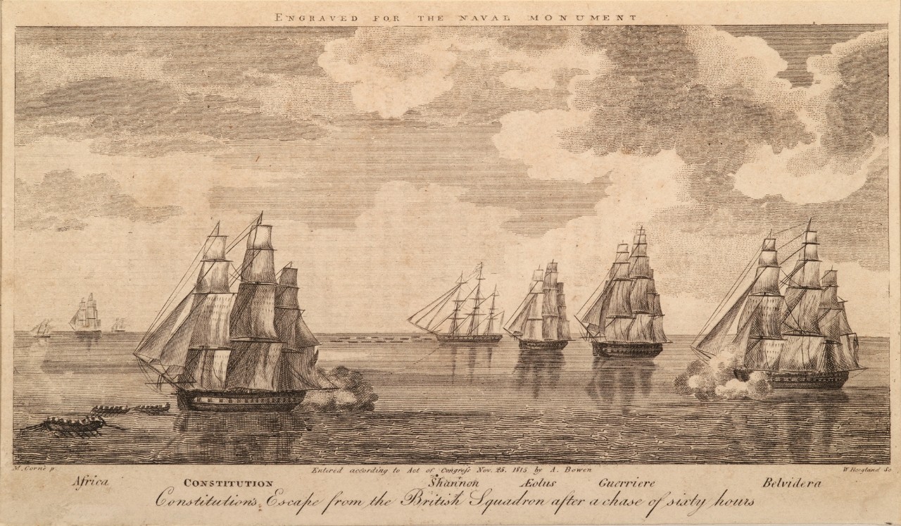 A fleet of the British sailing ships are chasing a US frigate being pulled by boats