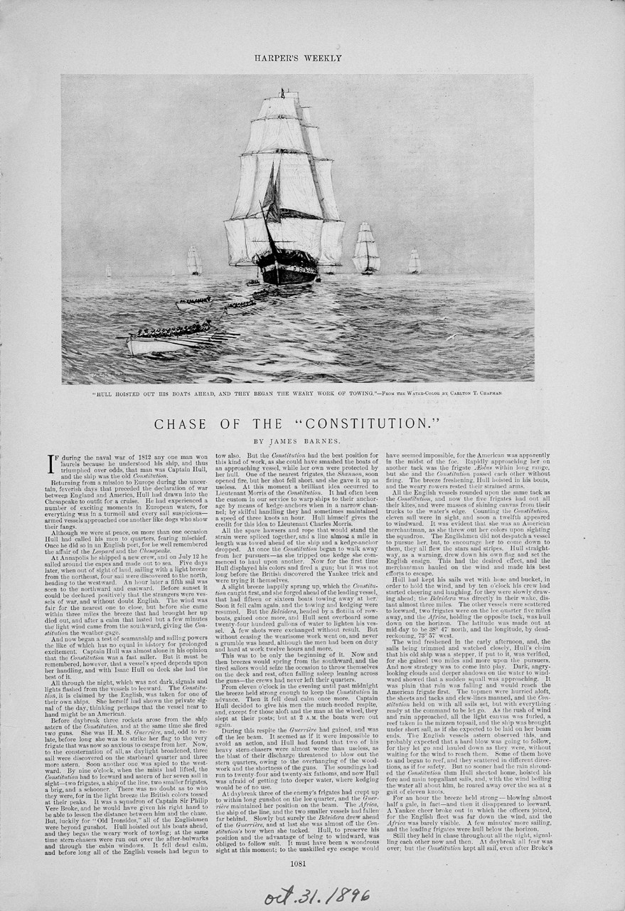An article talking about the chase of the Consititution, the image shows a bow view of the boats pulling the ship