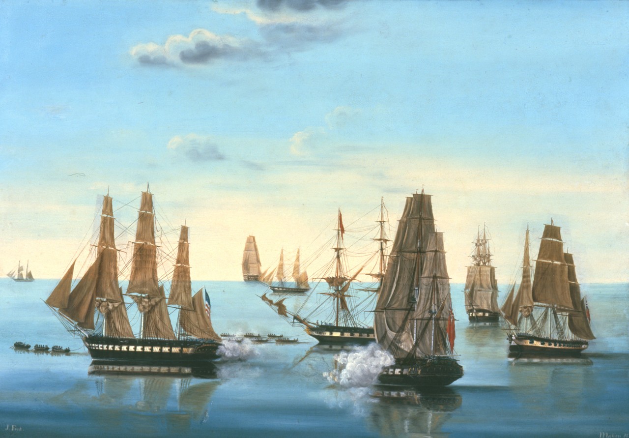 Frigate Constitution being pulled by boats and is firing at the British fleet which is in pursuit, also being pulled by boats and firing cannons