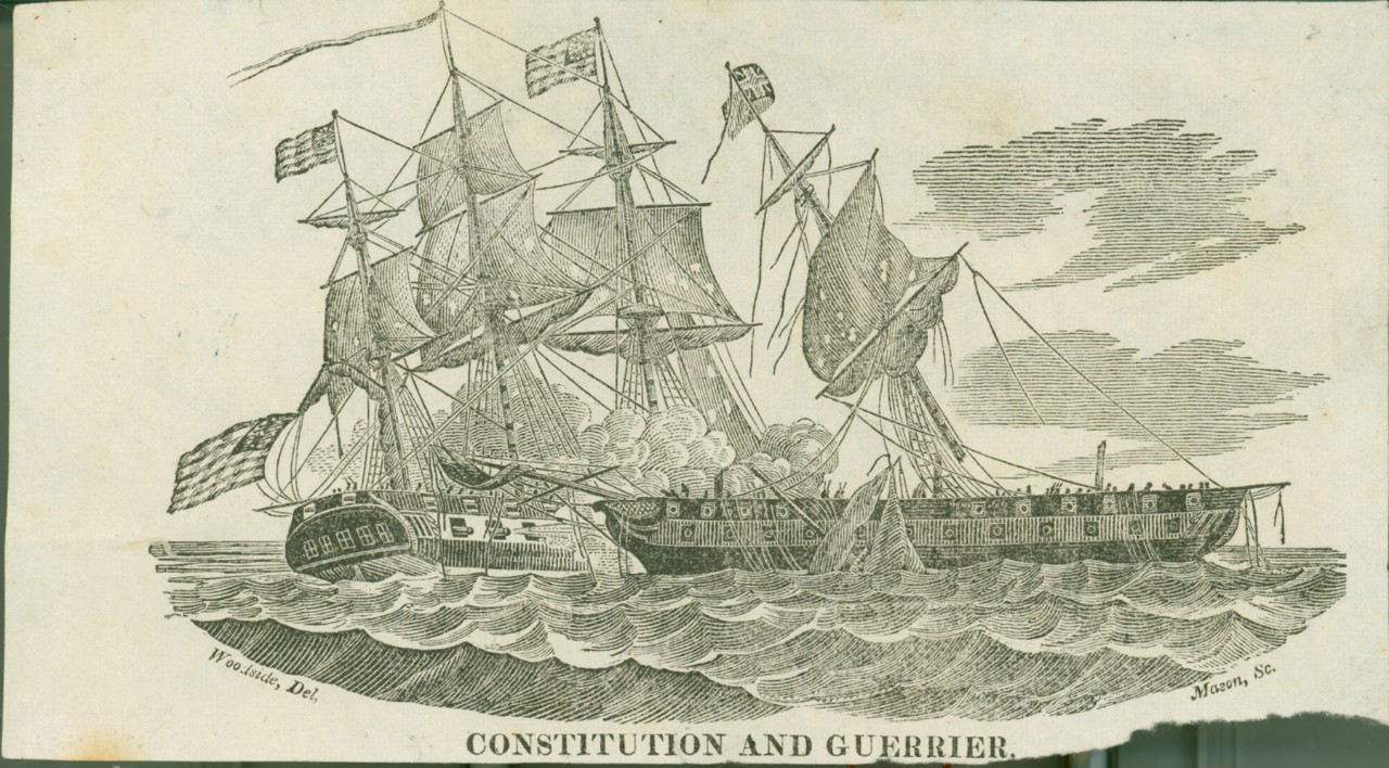 Frigate Constitution is firing at HMS Guerriere, whose masts are falling into the water
