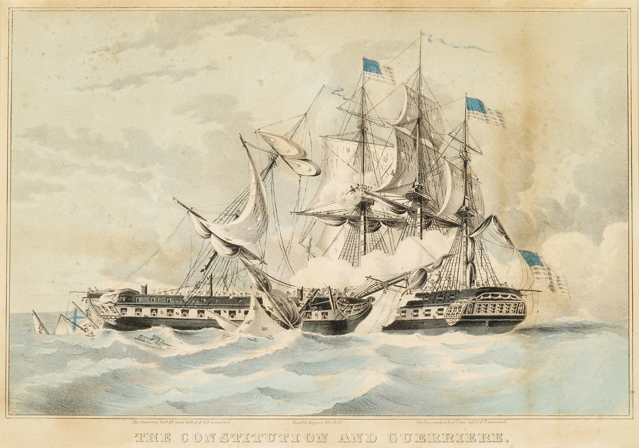 A ship battle with Constitution on the right firing on Guerriere, whose mast are falling into the sea