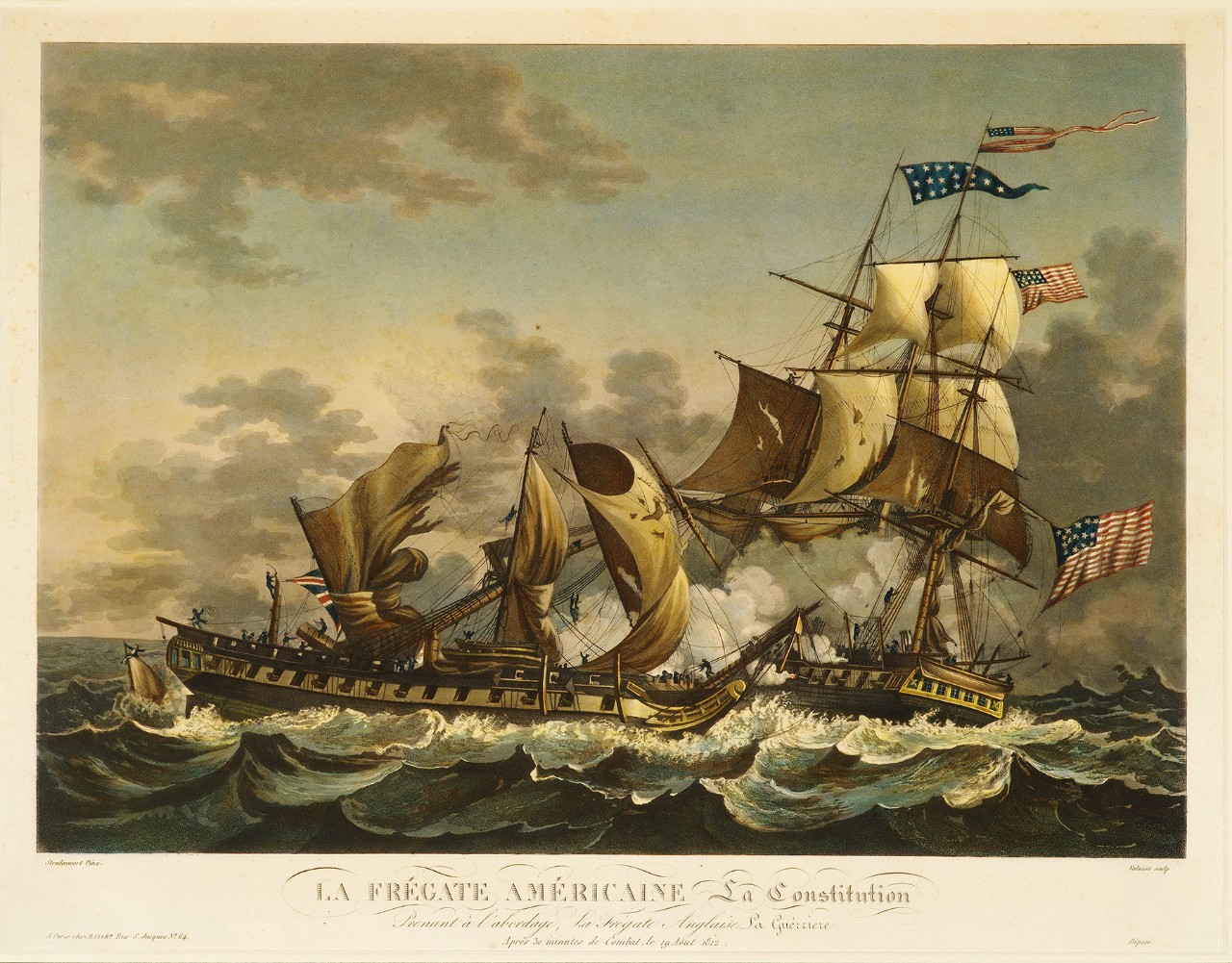 In heavy seas a battle between Guerriere on the left with heavy damage to its masts. Constitution is on the right firing into Guerriere