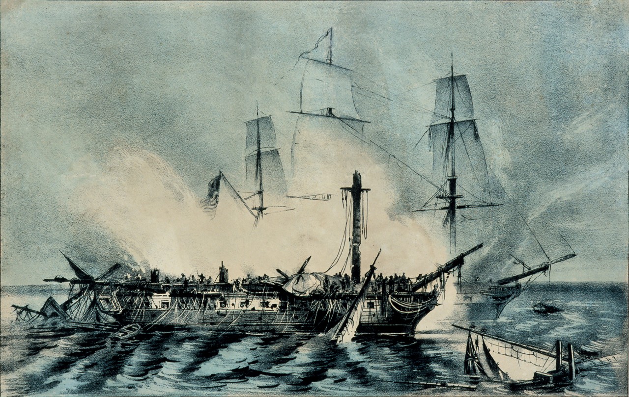 HMS Guerriere is demasted behind is USS Constitution which continues to fire its cannons